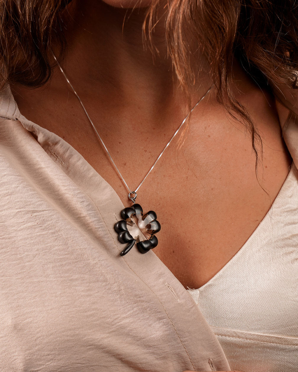 Handmade Ebony wood resin Clover pendant with sterling silver chain, best woman handmade gift Necklace, best necklace for girlified.