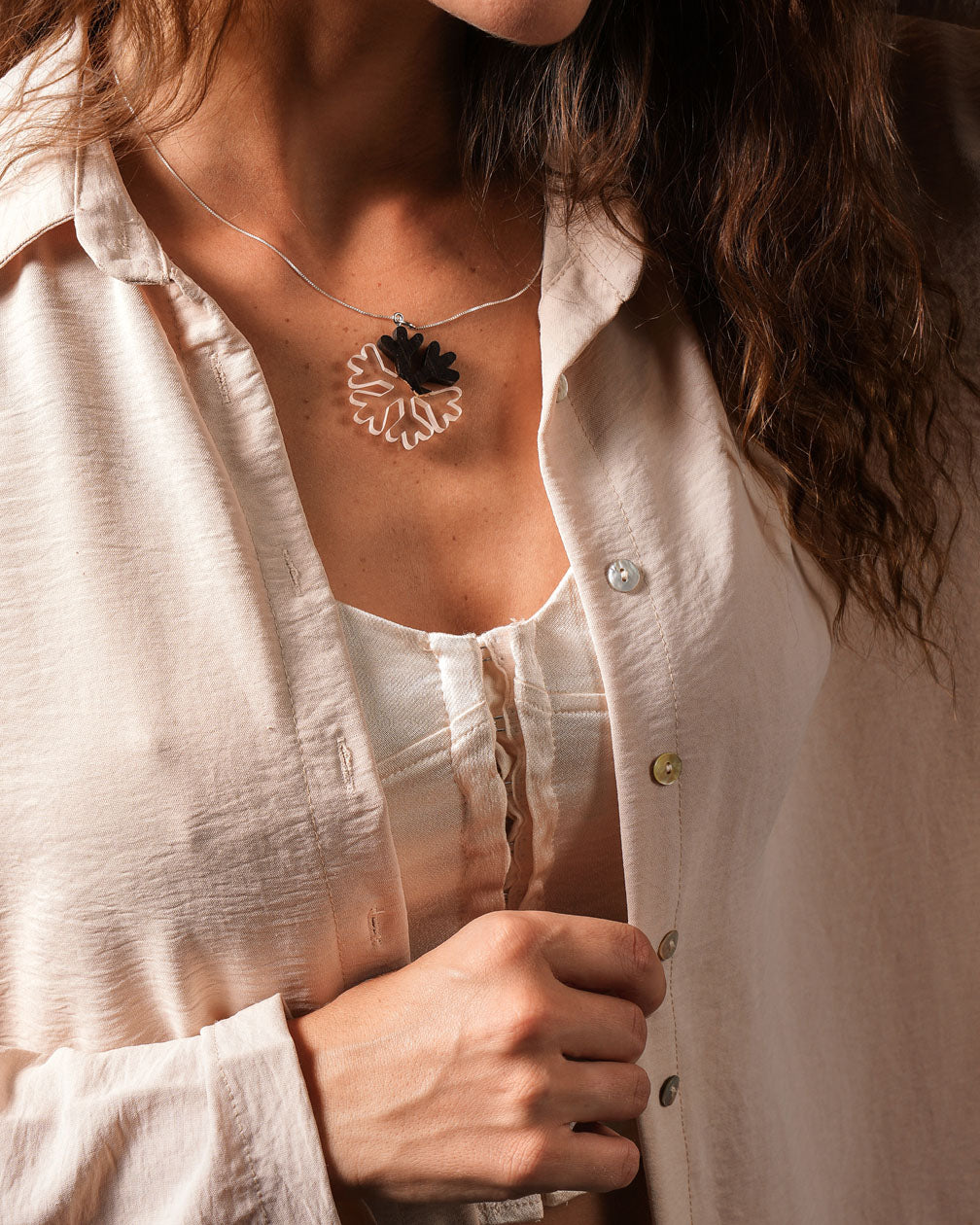 Handmade Ebony wood resin Snowflake pendant with sterling silver chain, best woman handmade gift Necklace, best necklace for girlfriend.