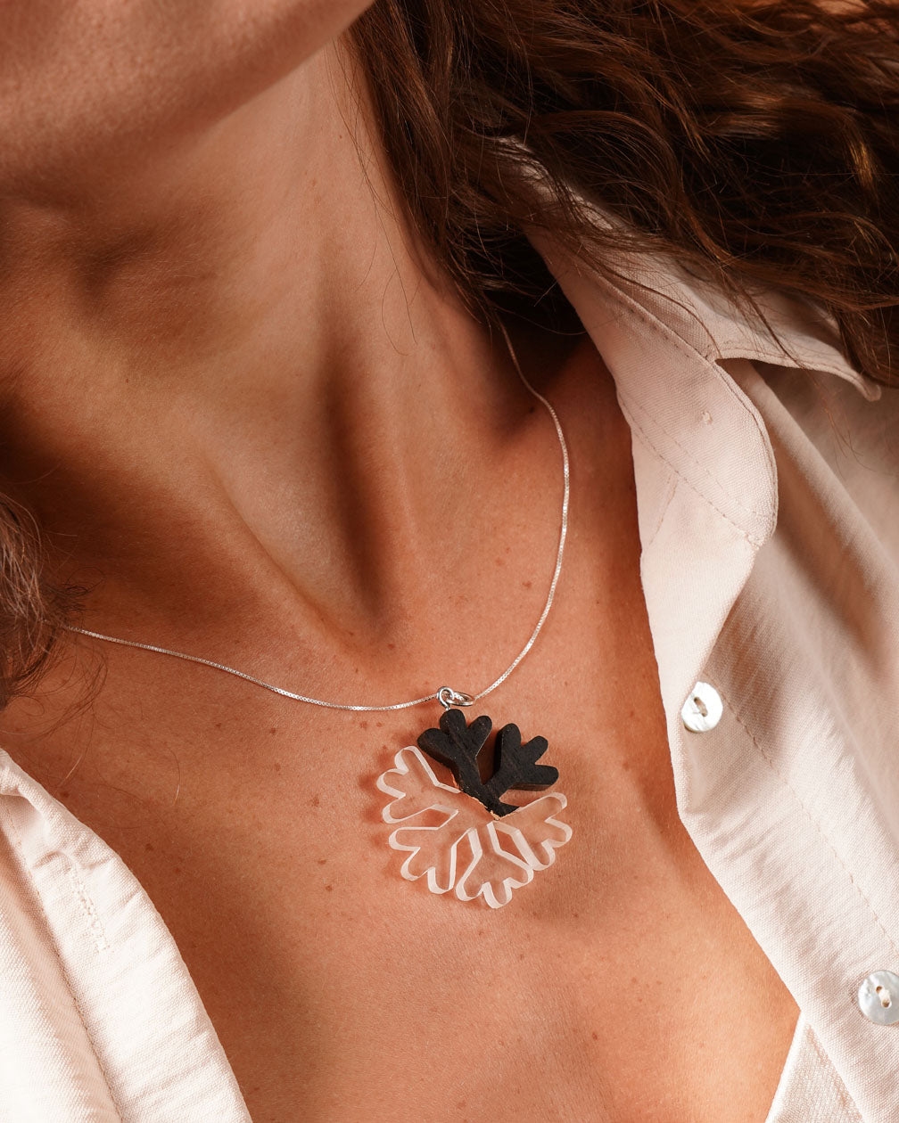 Handmade Ebony wood resin Snowflake pendant with sterling silver chain, best woman handmade gift Necklace, best necklace for girlfriend.
