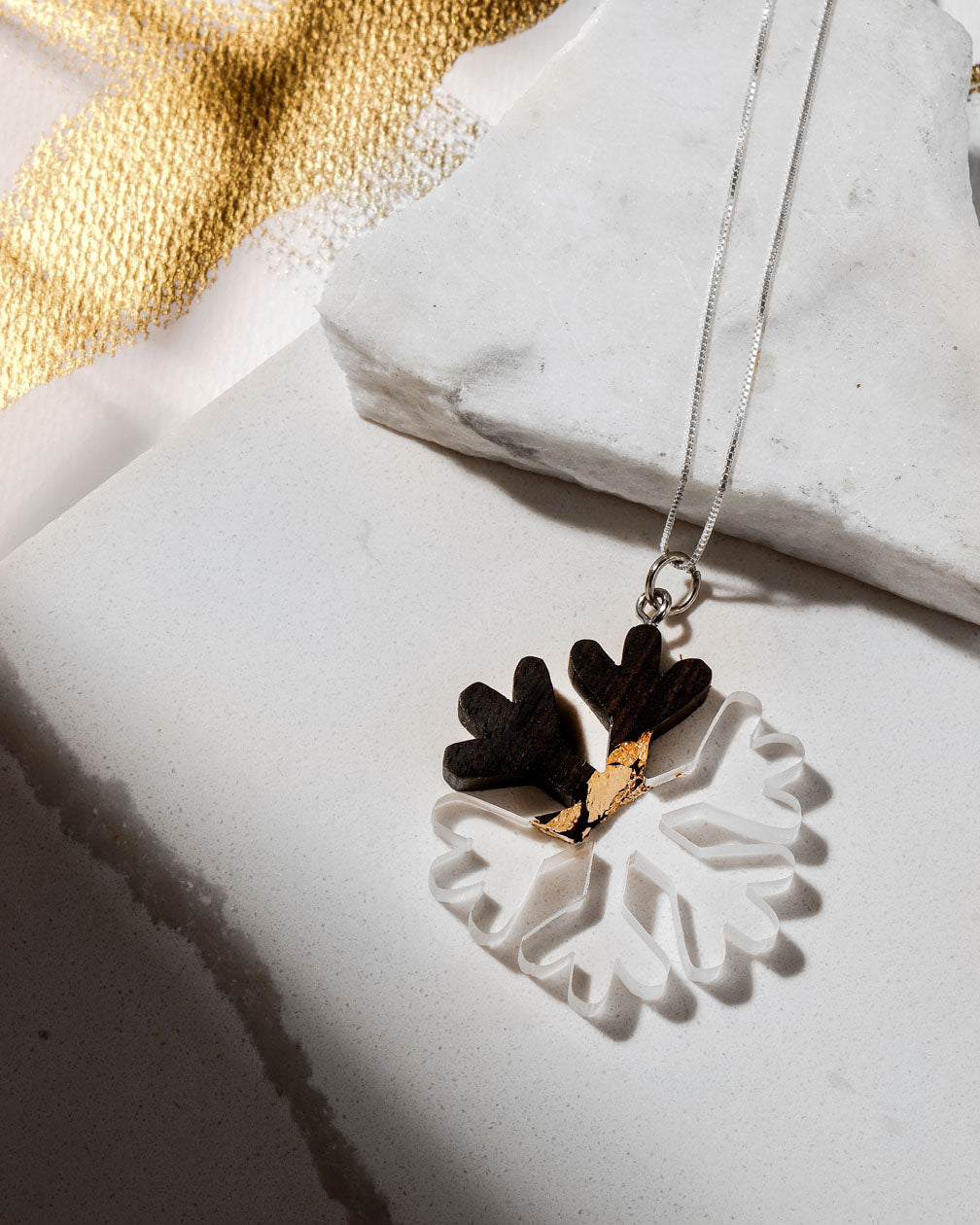 Handmade Ebony wood resin Snowflake pendant with sterling silver chain, best woman handmade gift Necklace, best necklace for girlfriend.
