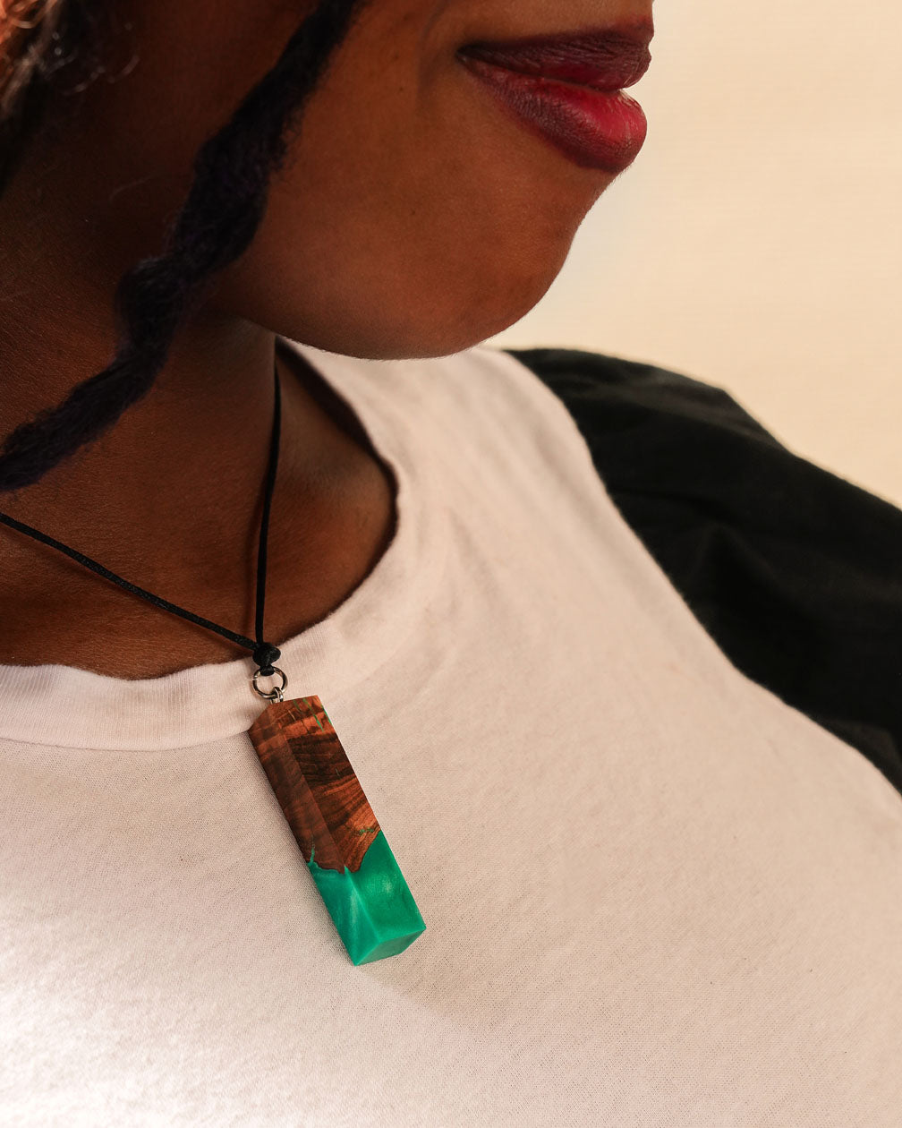 Wood resin Emerald Charm Pendant and Bracelet set and easily adjustable for any wrist size. best gift One of a kind